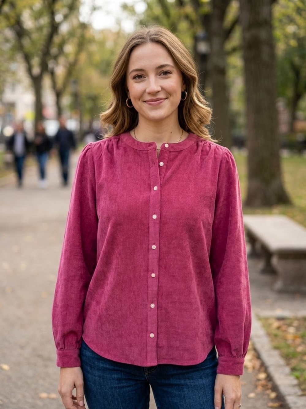 LOFT Raspberry Button-Front Long Sleeve Corduroy Blouse